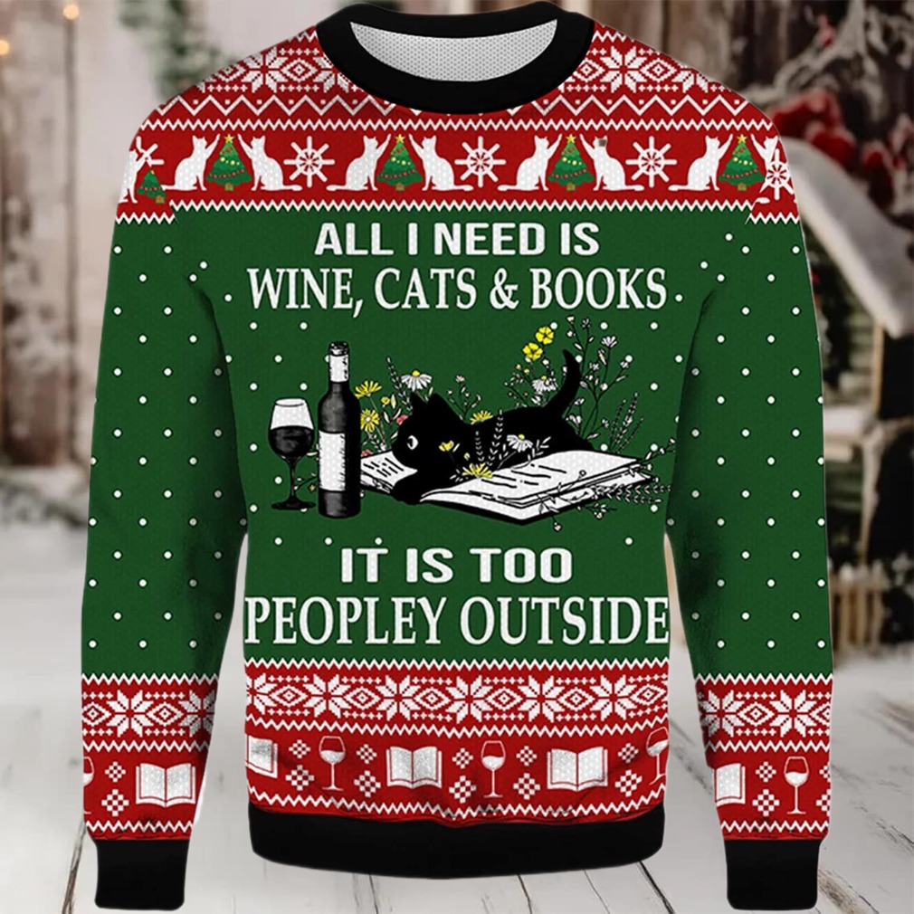 2025 All I Need Is Wine Cats And Books Black Cat Ugly Christmas Sweater