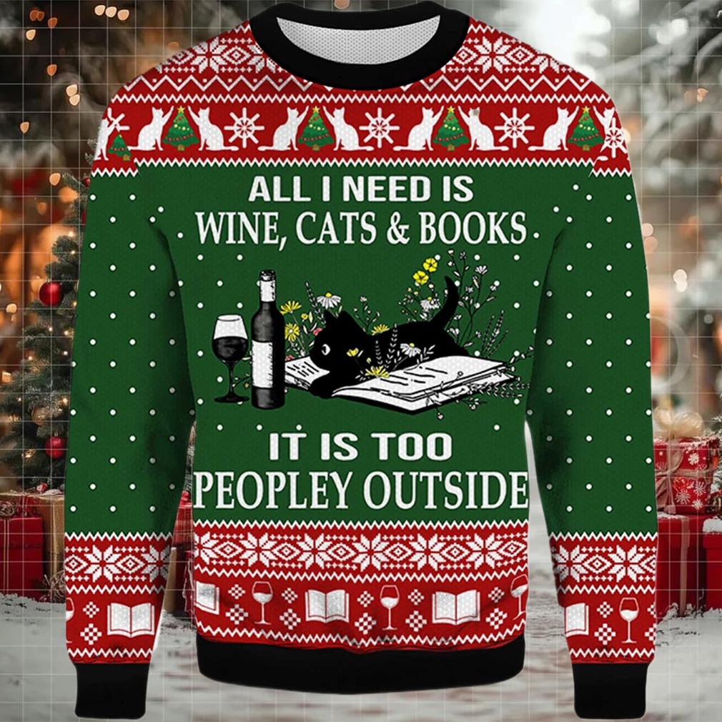2025 All I Need Is Wine Cats And Books Black Cat Ugly Christmas Sweater