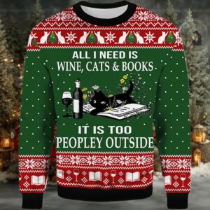 2025 All I Need Is Wine Cats And Books Black Cat Ugly Christmas Sweater