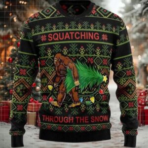 2025 Bigfoot Squatching Through The Snow Ugly Christmas Sweater