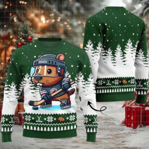 2025 Capybara Playing Hockey Ugly Christmas Sweater
