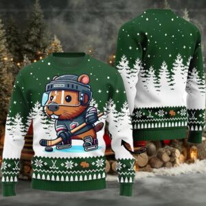 2025 Capybara Playing Hockey Ugly Christmas Sweater