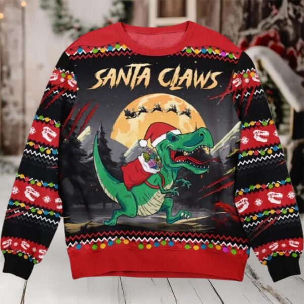2025 Christmas Santa Claws T Rex Christmas Dinosaur Ugly Sweater