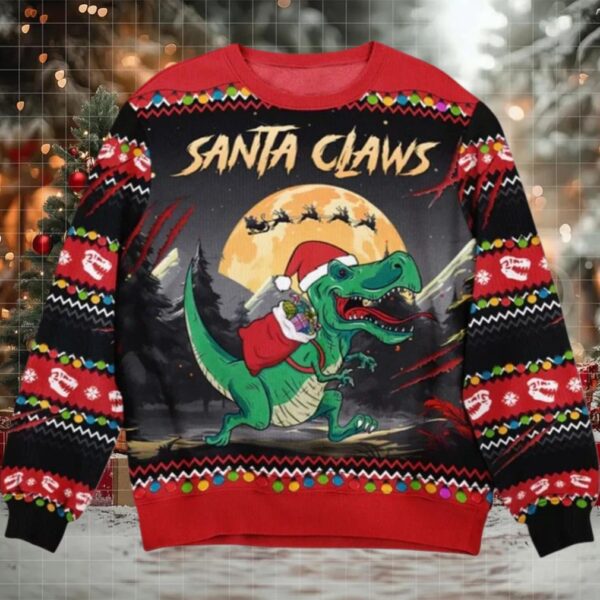 2025 Christmas Santa Claws T Rex Christmas Dinosaur Ugly Sweater