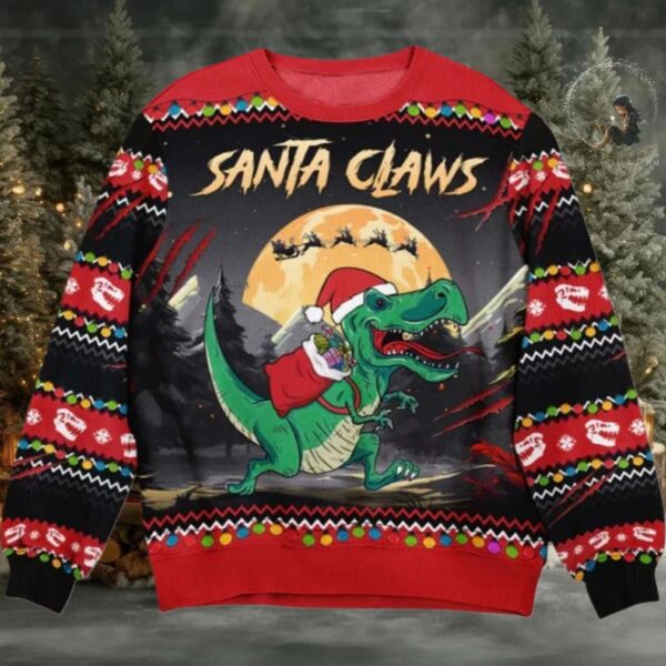 2025 Christmas Santa Claws T Rex Christmas Dinosaur Ugly Sweater