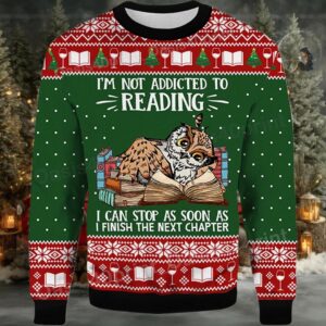 2025 I’m Not Addicted To Reading Owl Ugly Christmas Sweater