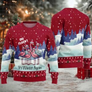 2025 Oh Flock It’s Winter Again Flamingo Ugly Christmas Sweater