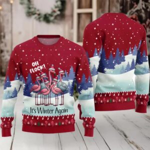 2025 Oh Flock It’s Winter Again Flamingo Ugly Christmas Sweater