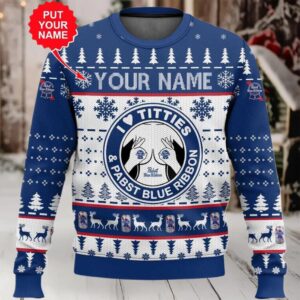 2025 Pabst Blue Ribbon Titties Christmas Ugly Sweater