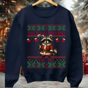 2025 Rocking Around The Tee Hockey Racoon Ugly Christmas Sweater