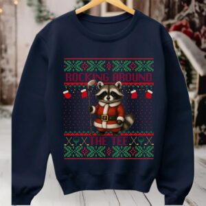 2025 Rocking Around The Tee Hockey Racoon Ugly Christmas Sweater