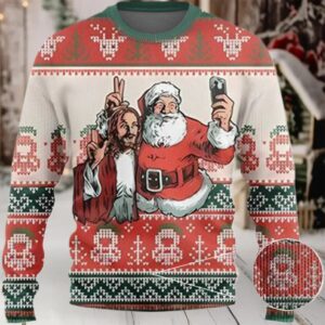 2025 Santa And Jesus Selfie Ugly Christmas Sweater