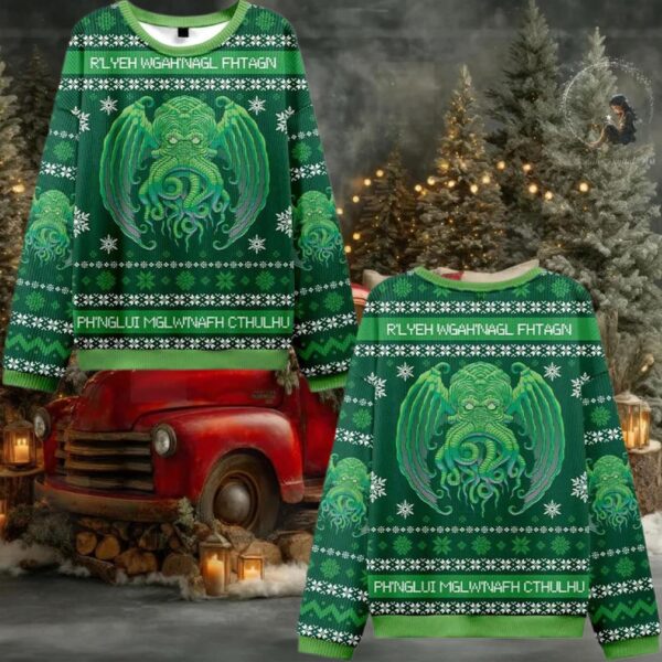 Cultists R’lyeh Wgah’Bagl Fhtagn Ph’nglui Mgw’nafh Cthulhu Ugly Sweater 2025 Christmas