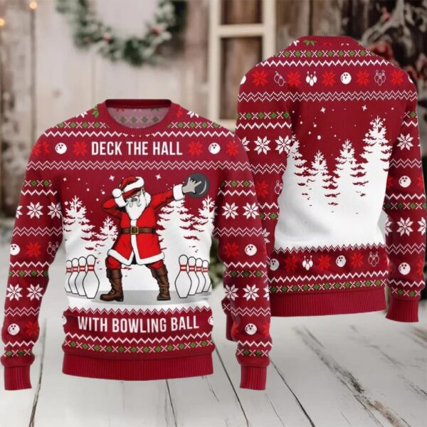 Deck The Hall Santa With Bowling Ball Ugly Sweater Christmas