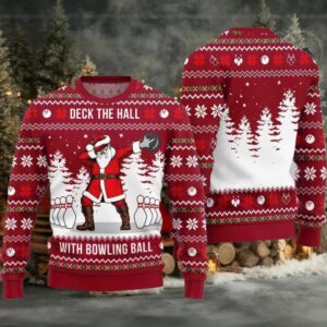 Deck The Hall Santa With Bowling Ball Ugly Sweater Christmas
