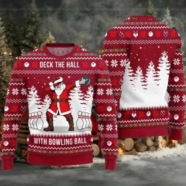 Deck The Hall Santa With Bowling Ball Ugly Sweater Christmas