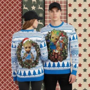 Detroit Lions Baby Groot Blue Cool Christmas Ugly Sweater