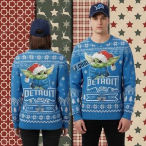 Detroit Lions Baby Yoda Claus Blue Womens Xmas Ugly Sweater