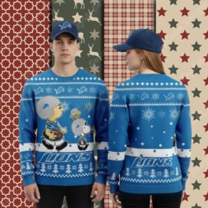 Detroit Lions Charlie Brown Snoopy Woodstock Blue Big Tall Christmas Ugly Sweater