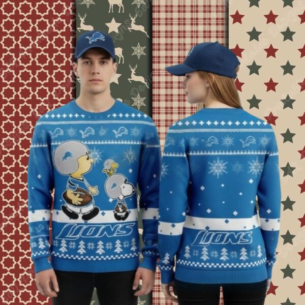 Detroit Lions Charlie Brown Snoopy Woodstock Blue Big Tall Christmas Ugly Sweater