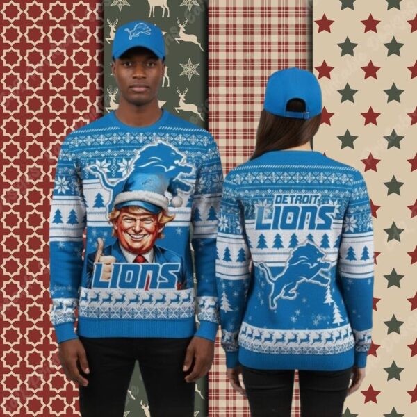 Detroit Lions Donald Trump Blue Cool Christmas Ugly Sweater