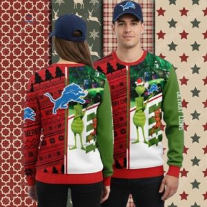 Detroit Lions Grinch And Dog Max Red Mens Christmas Ugly Sweater