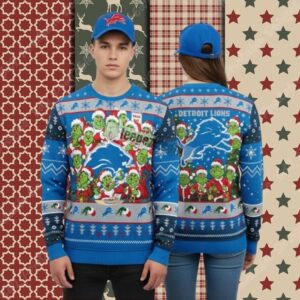 Detroit Lions Grinch Claus Blue Family Christmas Ugly Sweater