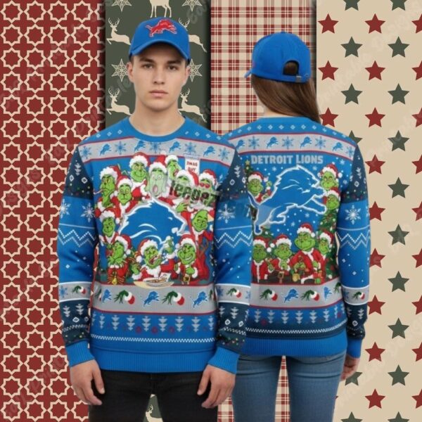Detroit Lions Grinch Claus Blue Family Christmas Ugly Sweater