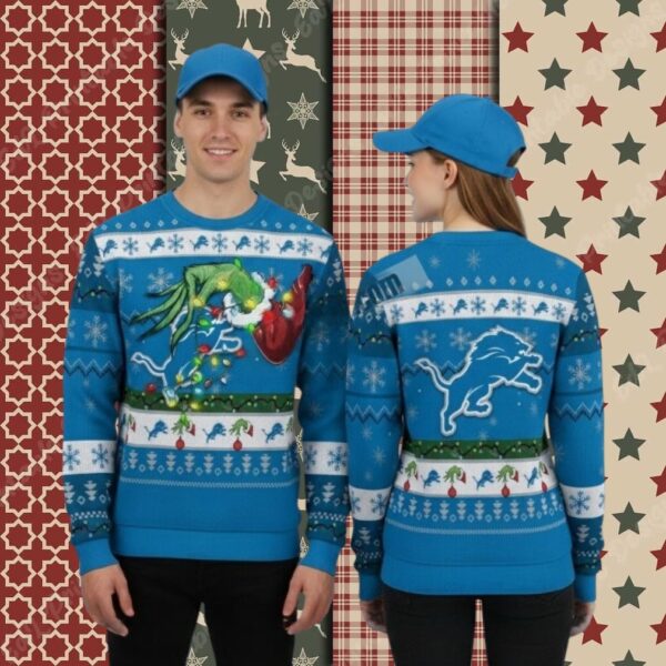 Detroit Lions Grinch Hand Light Blue Best Christmas Ugly Sweater