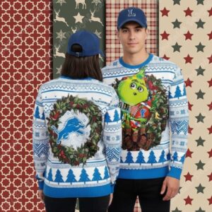 Detroit Lions Grinch Hug Ball Blue Ladies Christmas Ugly Sweater