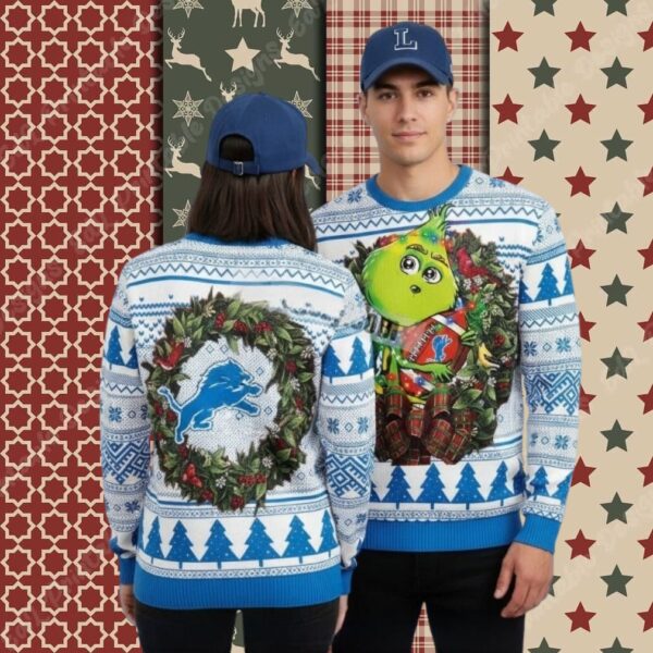 Detroit Lions Grinch Hug Ball Blue Ladies Christmas Ugly Sweater