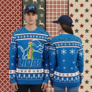 Detroit Lions Grinch Logo Blue Family Christmas Ugly Sweater