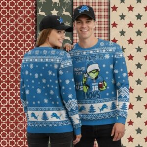 Detroit Lions Grinch Love Blue Ladies Christmas Ugly Sweater