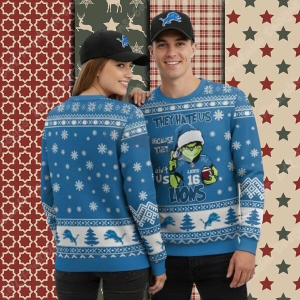 Detroit Lions Grinch Love Blue Ladies Christmas Ugly Sweater