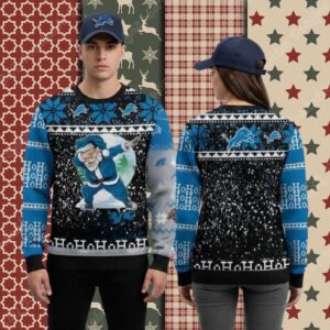 Detroit Lions Ho Ho Ho Santa Claus Blue Xmas Party Ugly Sweater