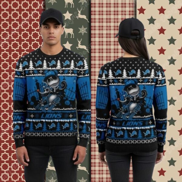 Detroit Lions Jack Skellington Zero Blue Big Tall Christmas Ugly Sweater