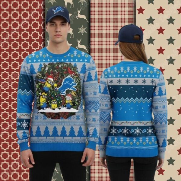 Detroit Lions Minion Squad Blue Couples Christmas Ugly Sweater