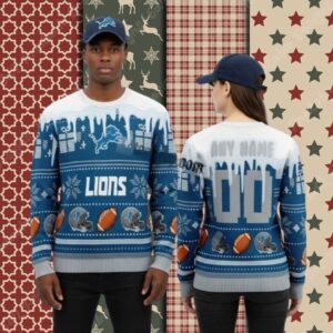 Detroit Lions Personalized Blue Couples Christmas Ugly Sweater