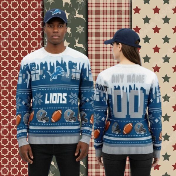 Detroit Lions Personalized Blue Couples Christmas Ugly Sweater