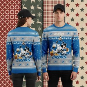 Detroit Lions Personalized Donald Mickey Blue Christmas Ugly Sweater