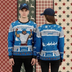 Detroit Lions Personalized Player Blue Couples Christmas Ugly Sweater