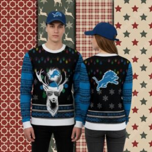 Detroit Lions Reindeer Light Blue Funny Christmas Ugly Sweater