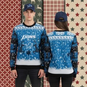 Detroit Lions Reindeer Pattern Blue Mens Christmas Ugly Sweater