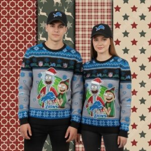 Detroit Lions Rick And Morty Blue Xmas Party Ugly Sweater