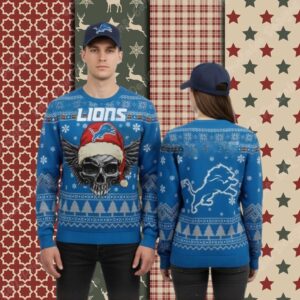 Detroit Lions Skull Blue Ladies Christmas Ugly Sweater