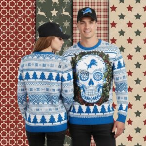 Detroit Lions Skull Flowers Blue Womens Christmas Ugly Sweater
