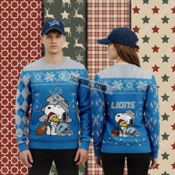 Detroit Lions Snoopy Hug Woodstock Blue Mens Christmas Ugly Sweater