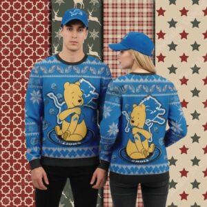 Detroit Lions Winnie The Pooh Blue Xmas Party Ugly Sweater