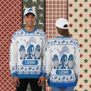 Detroit Lions Xmas Gnomes White Couples Christmas Ugly Sweater