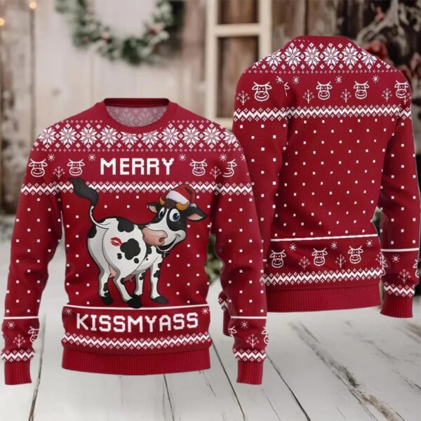 Funny Cow Merry Kissmyass Ugly Sweater Christmas